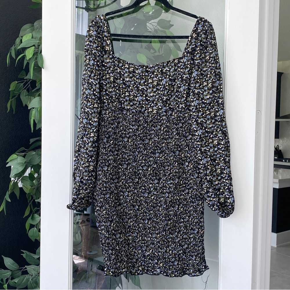 Blue and black floral print mini dress